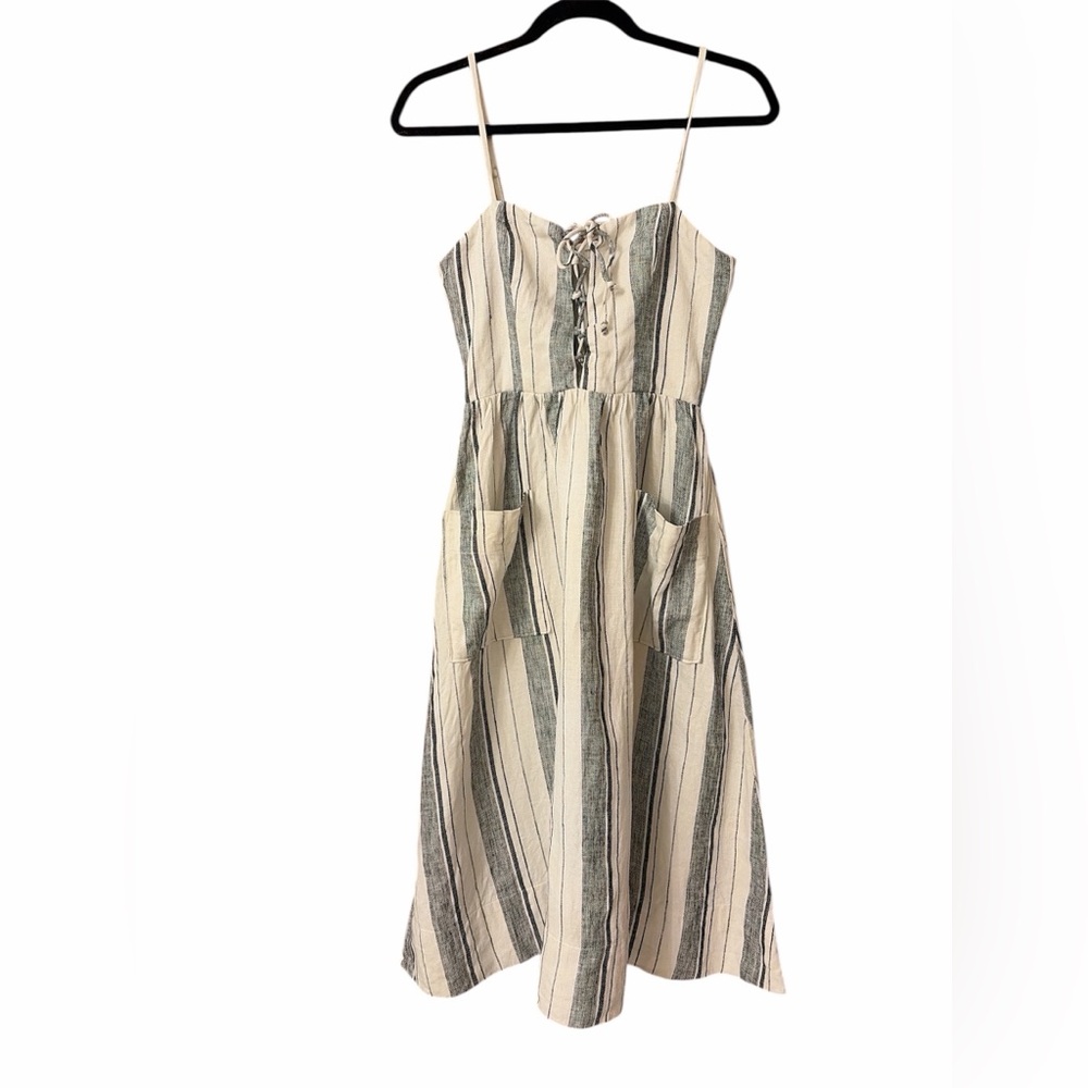 Reformation Ellen White Gray Striped Fit N Flare Linen Midi Dress - Picture 6 of 10